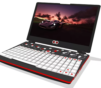 Unique Laptop With Red White Keyboard Design And Screen Showing Sports Car Sunset View 3d model