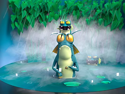 Cute Reptile with Yellow Eyes in Rain Green Leaves Misty Water Lily Pads 3d model