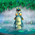 Cute Reptile with Yellow Eyes in Rain Green Leaves Misty Water Lily Pads