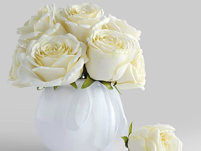 Decorative Ornament Set Featuring Bouquet of White Roses in White Vase and Single Rose 3d model