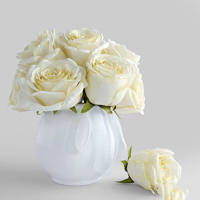 Decorative Ornament Set Featuring Bouquet of White Roses in White Vase and Single Rose 3d model