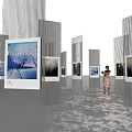 Modern Art Installation With Transparent Display Panels Landscape Paintings Woman Viewing And Vertical Decorations
