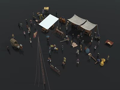 Ancient Open Air Market Scene With Crowded People Tents Stalls And Carriages 3d model