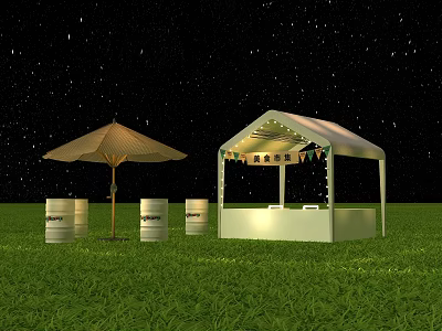 Starry Night Sky Over Green Grass With White Tent Stall Lights Brown Umbrella And Barrels 3d model