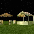 Starry Night Sky Over Green Grass With White Tent Stall Lights Brown Umbrella And Barrels