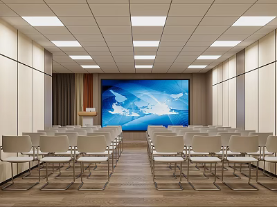 Modern Conference Room Interior With Large Screen World Map And Rows Of White Chairs 3d model