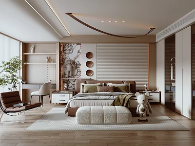 Modern Bedroom Interior Design With Bedside Tables Armchair Rug And Decorative Wall 3d model