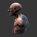 Fantasy Creature Character Bust with Large Ears Wrinkled Skin Colorful Paint Necklace Red Blue Cloth