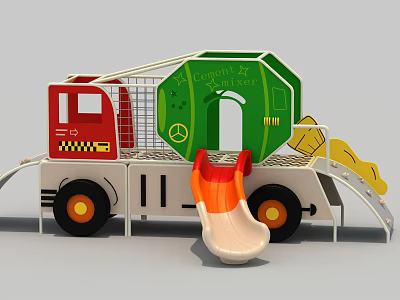Outdoor Truck Shaped Playground Equipment With Red Green Sections And Orange Beige Slide 3d model