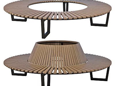 Modern Circular Outdoor Chair with Wooden Slats and Black Metal Frame for Garden Patio Seating 3d model