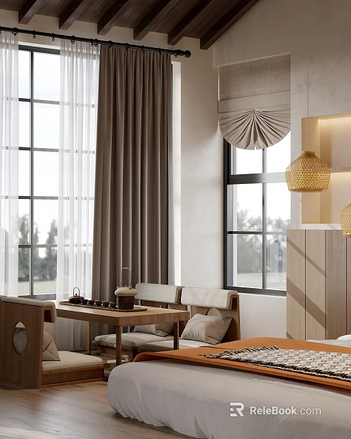 Cozy Interior Space With Wooden Sofa Table Window Curtains And Woven Lantern Lights 3d model 