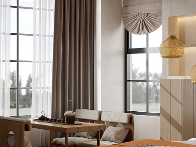 Cozy Interior Space With Wooden Sofa Table Window Curtains And Woven Lantern Lights 3d model