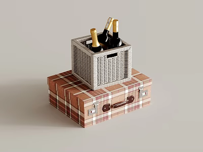 Plaid Suitcase With Wicker Basket Holding Wine Bottles For Home Living Essentials 3d model