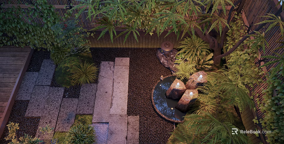 Traditional Japanese Garden Landscape With Stone Path Small Pond And Lush Greenery 3d model 