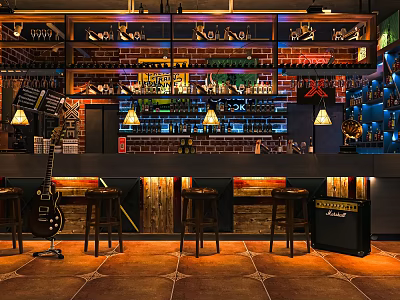 Trendy Bar With Neon Lights Brick Walls Bar Counter Stools Guitar And Bottle Shelves 3d model