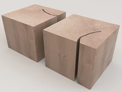 Two Modern Cube Shaped Wooden Stools With Natural Wood Grain And Curved Cutout 3d model