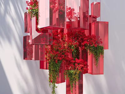 Art Installation Featuring Red Transparent Cubes With Red Flowers And Green Plants 3d model