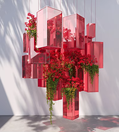 Art Installation Featuring Red Transparent Cubes With Red Flowers And Green Plants 3d model