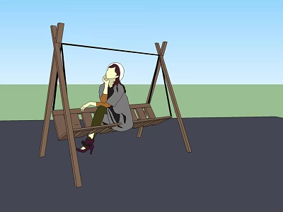 Relaxing Wooden Swing Chair Outdoor Scene With Woman Sitting Comfortably 3d model