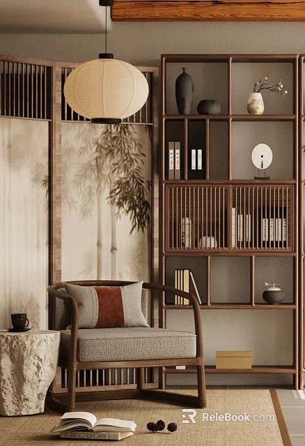 Chinese Style Armchair With Cushions Near Bamboo Screen And Wooden Bookshelf 3d model 
