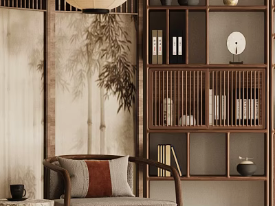 Chinese Style Armchair With Cushions Near Bamboo Screen And Wooden Bookshelf 3d model