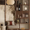 Chinese Style Armchair With Cushions Near Bamboo Screen And Wooden Bookshelf