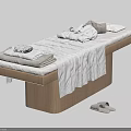 Comfortable Massage Bed With Wooden Frame White Sheets Folded Towels Blankets And Slippers