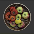 Fresh Assorted Fruits in Woven Basket with Colorful Apples and Lemon on Blue Cloth