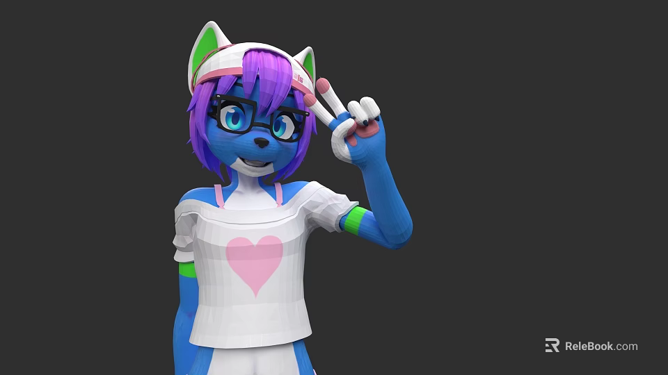 Flying Animal Character With Purple Hair And Cat Ears Gesturing Peace Sign 3d model 