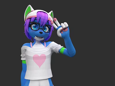 Flying Animal Character With Purple Hair And Cat Ears Gesturing Peace Sign 3d model