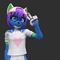 Flying Animal Character With Purple Hair And Cat Ears Gesturing Peace Sign