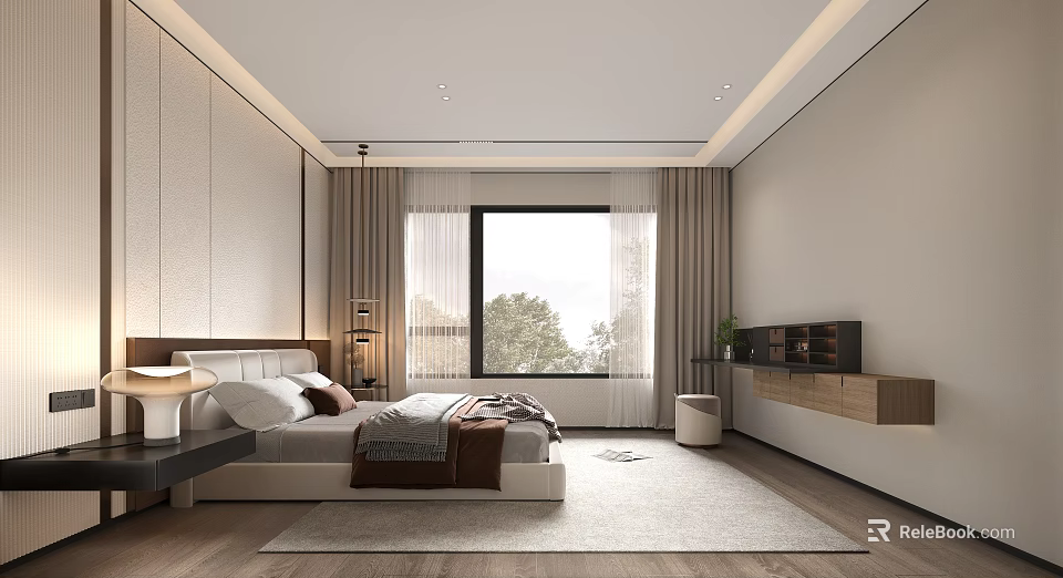 Modern Bedroom Interior Design With Comfortable Bed Large Window Curtains And Wooden Floor Rug 3d model 