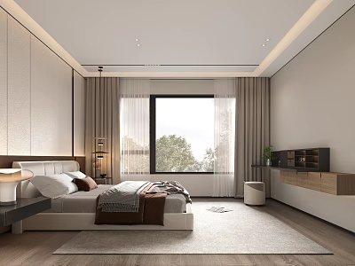 Modern Bedroom Interior Design With Comfortable Bed Large Window Curtains And Wooden Floor Rug 3d model