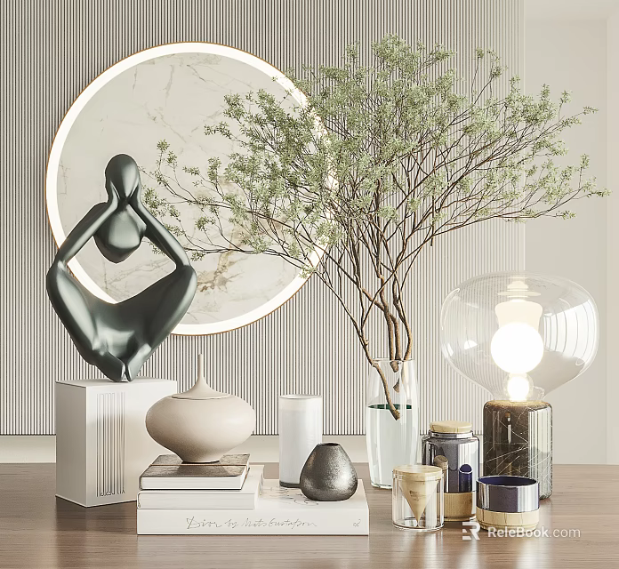 Elegant Modern Decorative Ornament Set with Sculpture Foliage Vases Glass Lamp and Marble Circle 3d model 