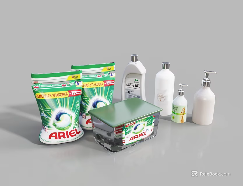 Ariel Laundry Detergent Packs Box And White Cleaning Bottles For Household Use 3d model 