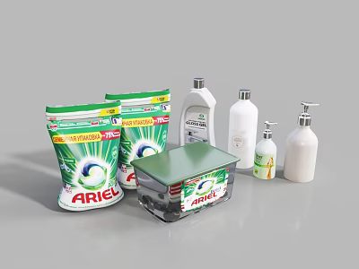 Ariel Laundry Detergent Packs Box And White Cleaning Bottles For Household Use 3d model