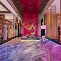 Chinese Style Clubhouse Interior With Mahogany Furniture Red Walls Chandelier And Circular Decor