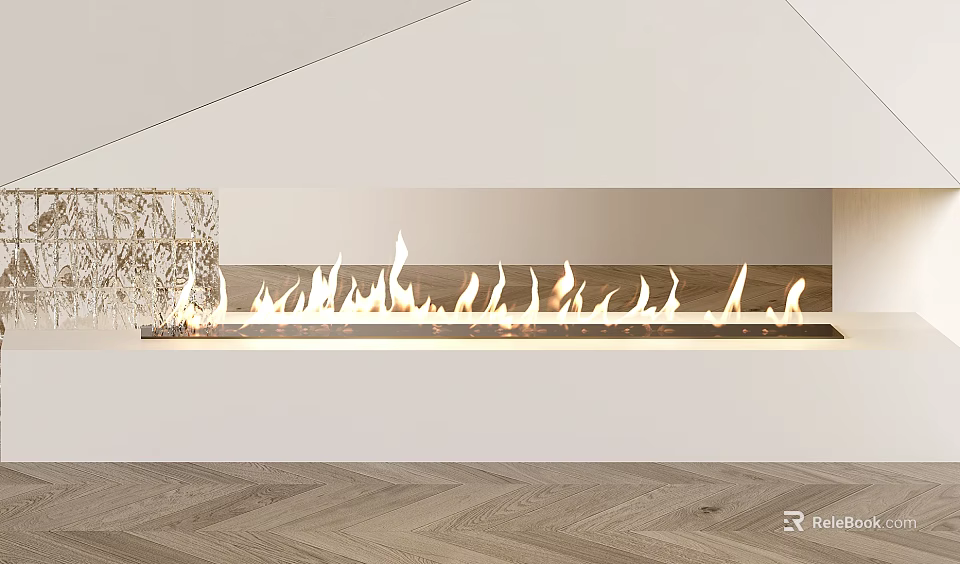 Modern Fireplace Interior Design With Long Flaming Flames In Contemporary Living Room 3d model 
