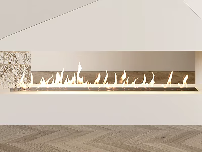 Modern Fireplace Interior Design With Long Flaming Flames In Contemporary Living Room 3d model