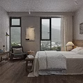 Hotel Guest Room Interior With Comfortable Bed Mountain View Windows Wooden Floor Chair Decorative Painting