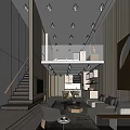 Modern Apartment Interior Design With Living Room Staircase Sofa Coffee Table Decorative Painting And Bookshelf