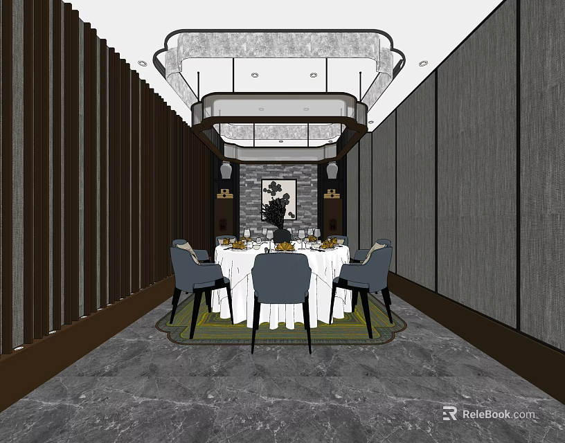 Elegant Private Room Interior Design With Round Table Chairs Ceiling Light And Decorative Painting 3d model 