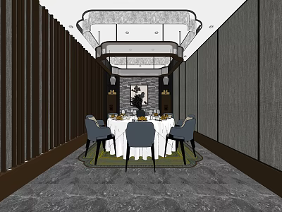 Elegant Private Room Interior Design With Round Table Chairs Ceiling Light And Decorative Painting 3d model