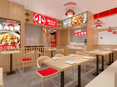 Modern Minimalist Restaurant Interior With Wooden Tables Red Chairs Large Screen Menus And Pendant Lights 3d model