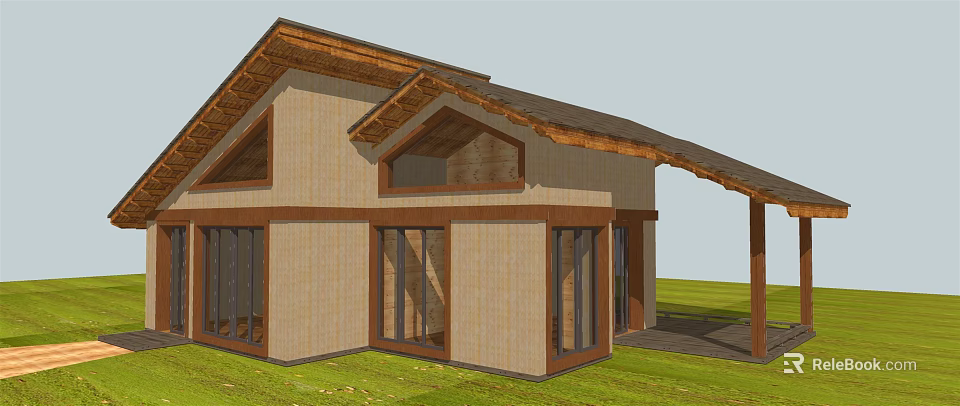 Cottage Building With Wooden Roof Light Colored Walls And Large Windows On Green Lawn 3d model 