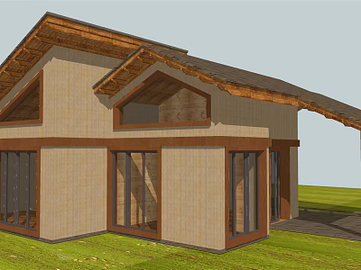 Cottage Building With Wooden Roof Light Colored Walls And Large Windows On Green Lawn 3d model
