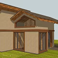 Cottage Building With Wooden Roof Light Colored Walls And Large Windows On Green Lawn