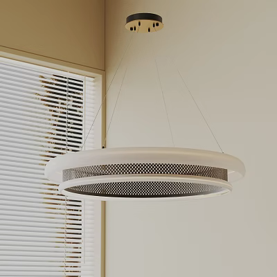 Modern Circular Chandelier With Perforated Mesh Design Hanging Against White Wall And Blinds 3d model