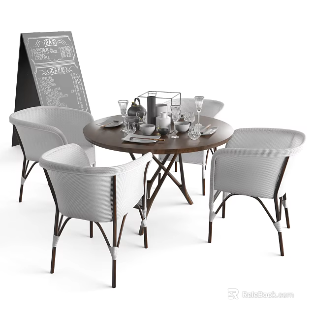 Round Wooden Outdoor Table with White Rattan Chairs and Tableware Setup for Outdoor Dining 3d model 