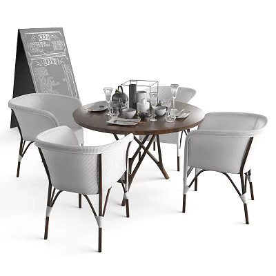 Round Wooden Outdoor Table with White Rattan Chairs and Tableware Setup for Outdoor Dining 3d model